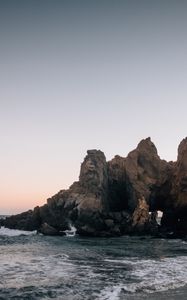 Preview wallpaper coast, rocks, sea, waves, landscape, twilight