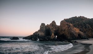 Preview wallpaper coast, rocks, sea, waves, landscape, twilight
