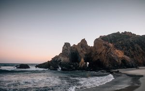 Preview wallpaper coast, rocks, sea, waves, landscape, twilight