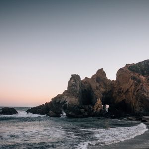 Preview wallpaper coast, rocks, sea, waves, landscape, twilight