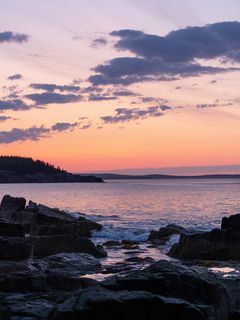 240x320 Wallpaper coast, rocks, sea, sunset, dark