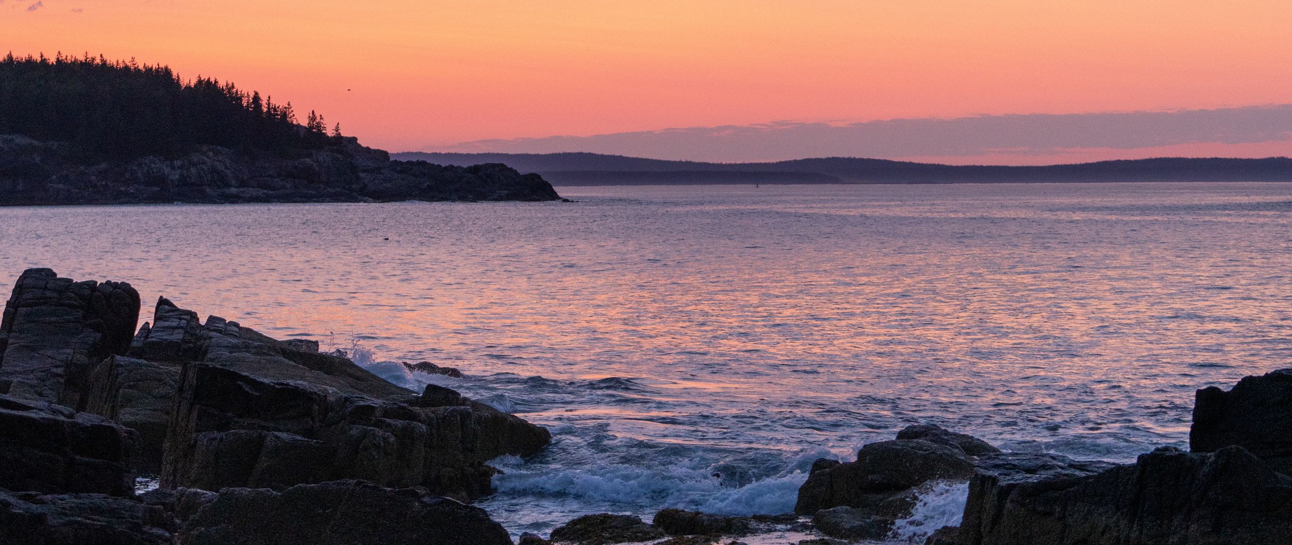 2560x1080 Wallpaper coast, rocks, sea, sunset, dark