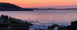 Preview wallpaper coast, rocks, sea, sunset, dark