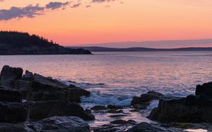 Preview wallpaper coast, rocks, sea, sunset, dark