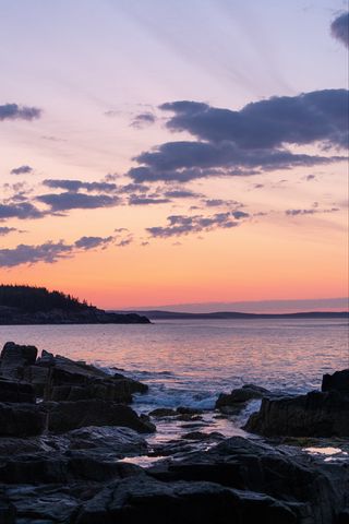 320x480 Wallpaper coast, rocks, sea, sunset, dark
