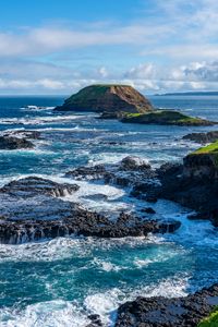 Preview wallpaper coast, rocks, sea, waves, grass, nature