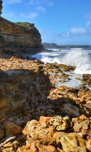 Preview wallpaper coast, rocks, stones, sea, spray, water