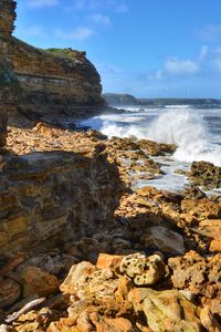 Preview wallpaper coast, rocks, stones, sea, spray, water