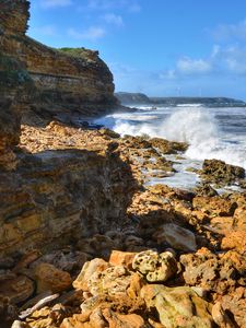 Preview wallpaper coast, rocks, stones, sea, spray, water