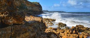 Preview wallpaper coast, rocks, stones, sea, spray, water