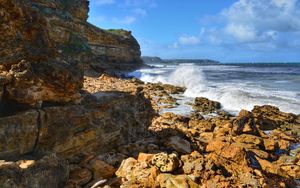 Preview wallpaper coast, rocks, stones, sea, spray, water