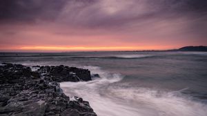 Preview wallpaper coast, rocks, sunset, stones, horizon
