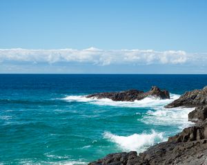 Preview wallpaper coast, rocks, surf, horizon, sea