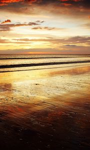 Preview wallpaper coast, sand, beach, sea, waves, decline, evening, whisper, orange, romanticism, horizon, tranquillity, particles, wet
