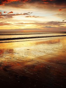 Preview wallpaper coast, sand, beach, sea, waves, decline, evening, whisper, orange, romanticism, horizon, tranquillity, particles, wet
