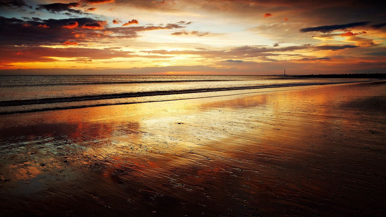 Wallpaper coast, sand, beach, sea, waves, decline, evening, whisper, orange, romanticism, horizon, tranquillity, particles, wet