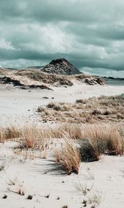 Preview wallpaper coast, sand, grass, hill, rock