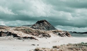 Preview wallpaper coast, sand, grass, hill, rock