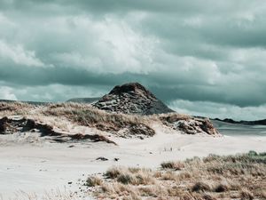 Preview wallpaper coast, sand, grass, hill, rock