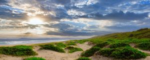 Preview wallpaper coast, sand, plants, sea, clouds, nature