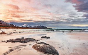 Preview wallpaper coast, sand, rocks, horizon, sea