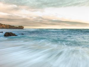 Preview wallpaper coast, sand, sea, rocks, stones, horizon