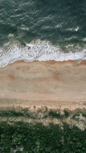 Preview wallpaper coast, sand, sea, aerial view, waves