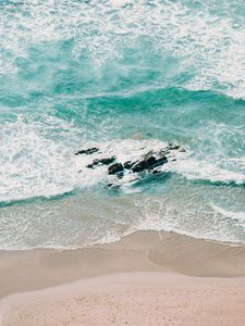 Preview wallpaper coast, sand, sea, waves, rocks