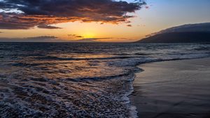 Preview wallpaper coast, sand, sea, waves, sunset, nature