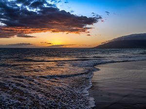 Preview wallpaper coast, sand, sea, waves, sunset, nature
