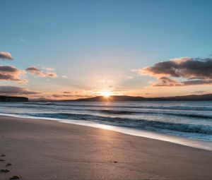 Preview wallpaper coast, sand, sea, waves, sunrise, nature