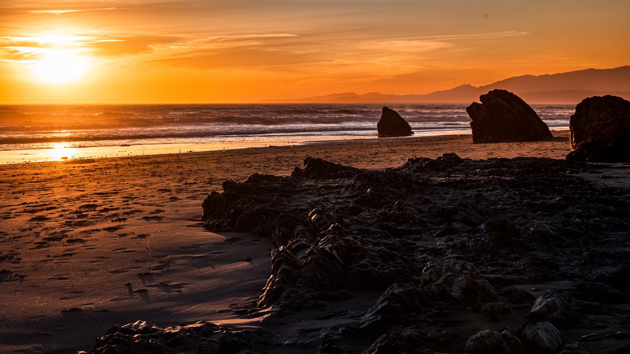 Wallpaper coast, sand, sea, sunset