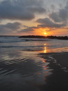 Preview wallpaper coast, sand, sea, waves, sunrise