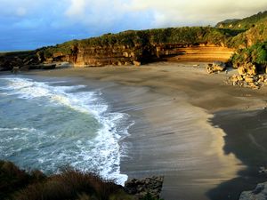 Preview wallpaper coast, sand, sea, waves, foam, rocks