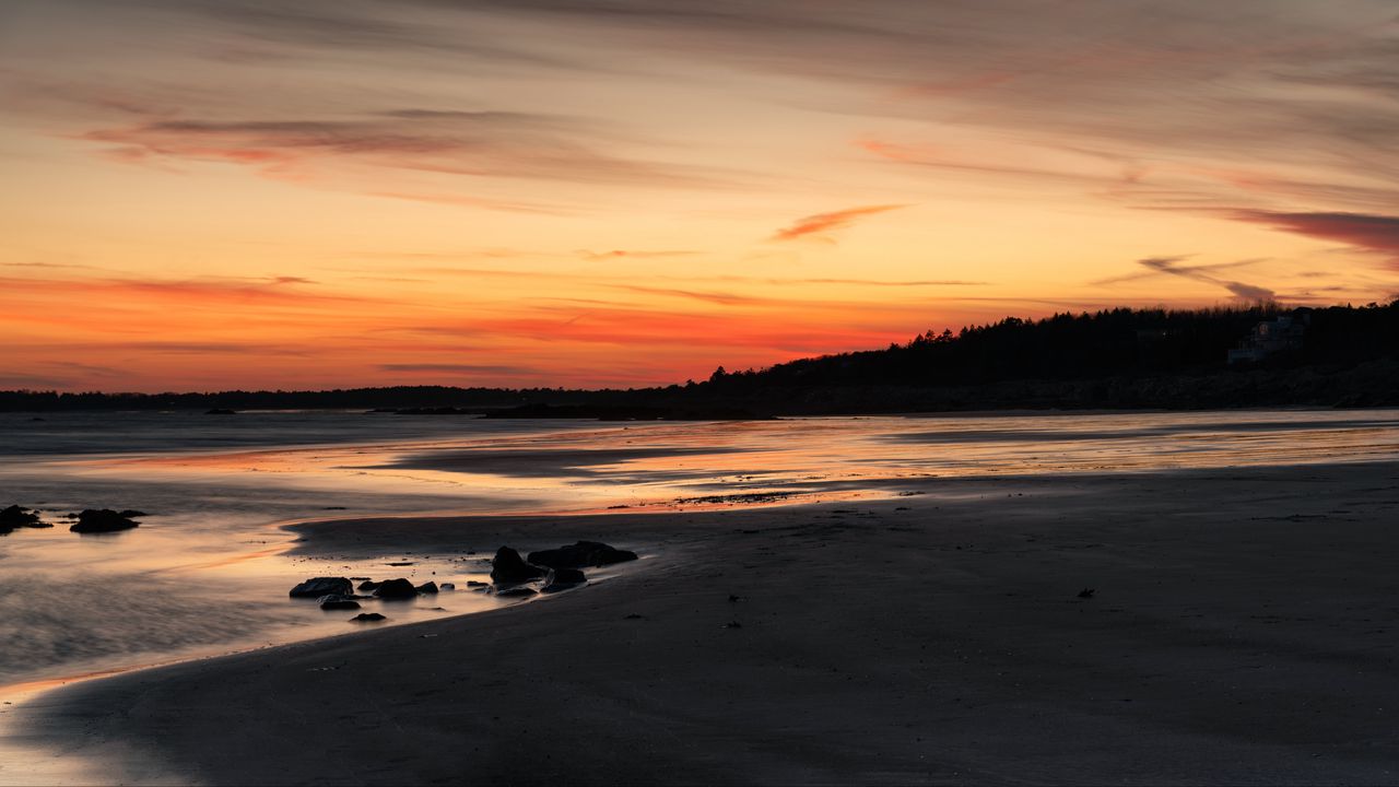 Wallpaper coast, sand, stones, sea, trees, sunset