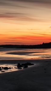 Preview wallpaper coast, sand, stones, sea, trees, sunset