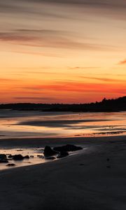 Preview wallpaper coast, sand, stones, sea, trees, sunset