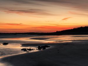 Preview wallpaper coast, sand, stones, sea, trees, sunset