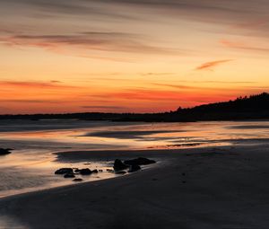 Preview wallpaper coast, sand, stones, sea, trees, sunset