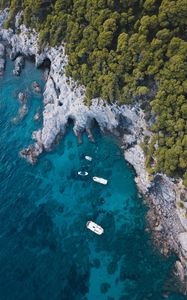 Preview wallpaper coast, sea, boat, rocks, aerial view