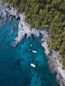Preview wallpaper coast, sea, boat, rocks, aerial view