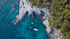 Preview wallpaper coast, sea, boat, rocks, aerial view