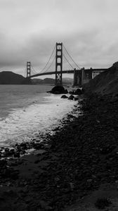 Preview wallpaper coast, sea, bridge, black and white