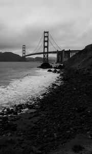 Preview wallpaper coast, sea, bridge, black and white