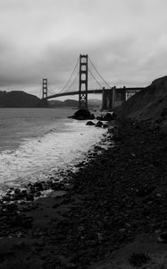 Preview wallpaper coast, sea, bridge, black and white