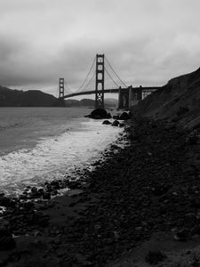 Preview wallpaper coast, sea, bridge, black and white