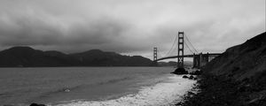 Preview wallpaper coast, sea, bridge, black and white