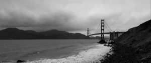 Preview wallpaper coast, sea, bridge, black and white