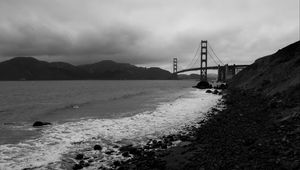 Preview wallpaper coast, sea, bridge, black and white