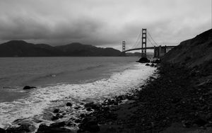 Preview wallpaper coast, sea, bridge, black and white